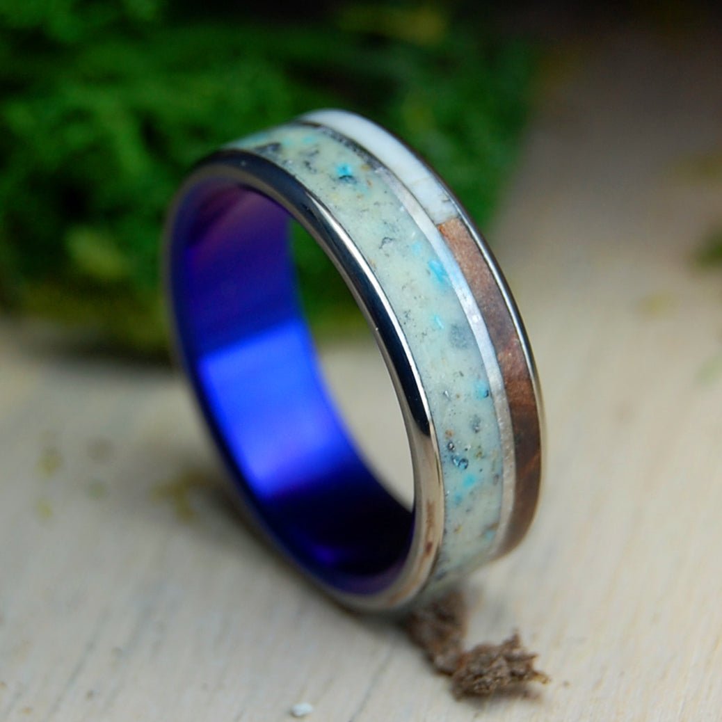 23 VOLTS | Men's Crushed Meteorite & Moose, Redwood, Sand, Turquoise & Titanium Wedding Ring - Minter and Richter Designs