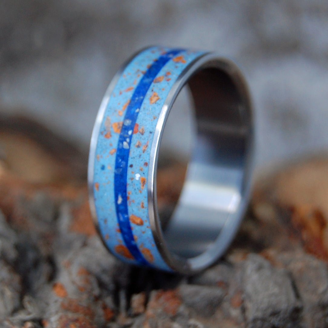 Blue Skies At Fenway Pahk | Men's Pitchers Mound Dirt, Beach Sand & Titanium Wedding Ring - Minter and Richter Designs