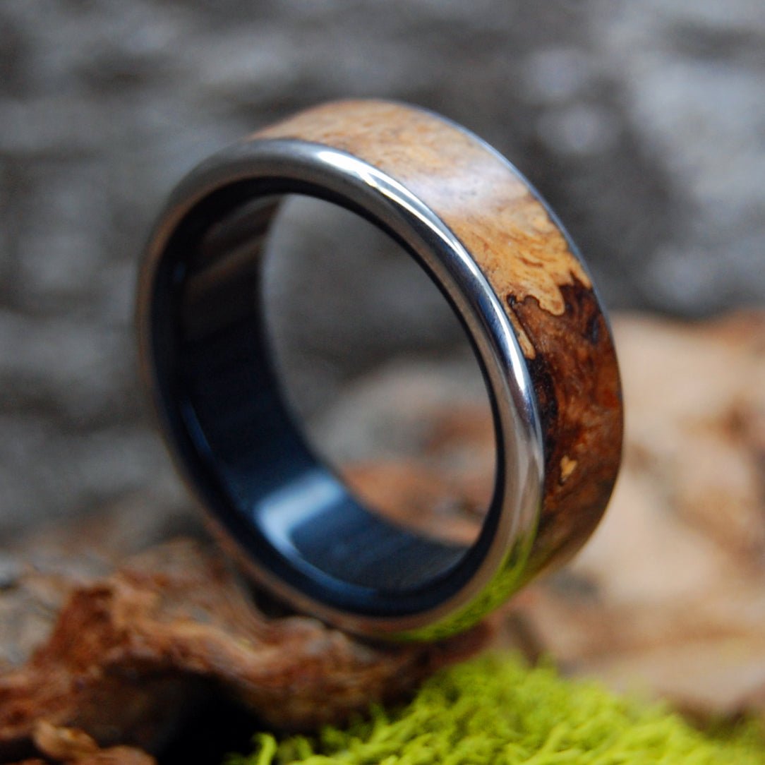 Freedom In Strength | Men's Black Onyx Stone, Spalted Maple Wood & Titanium Wedding Ring - Minter and Richter Designs