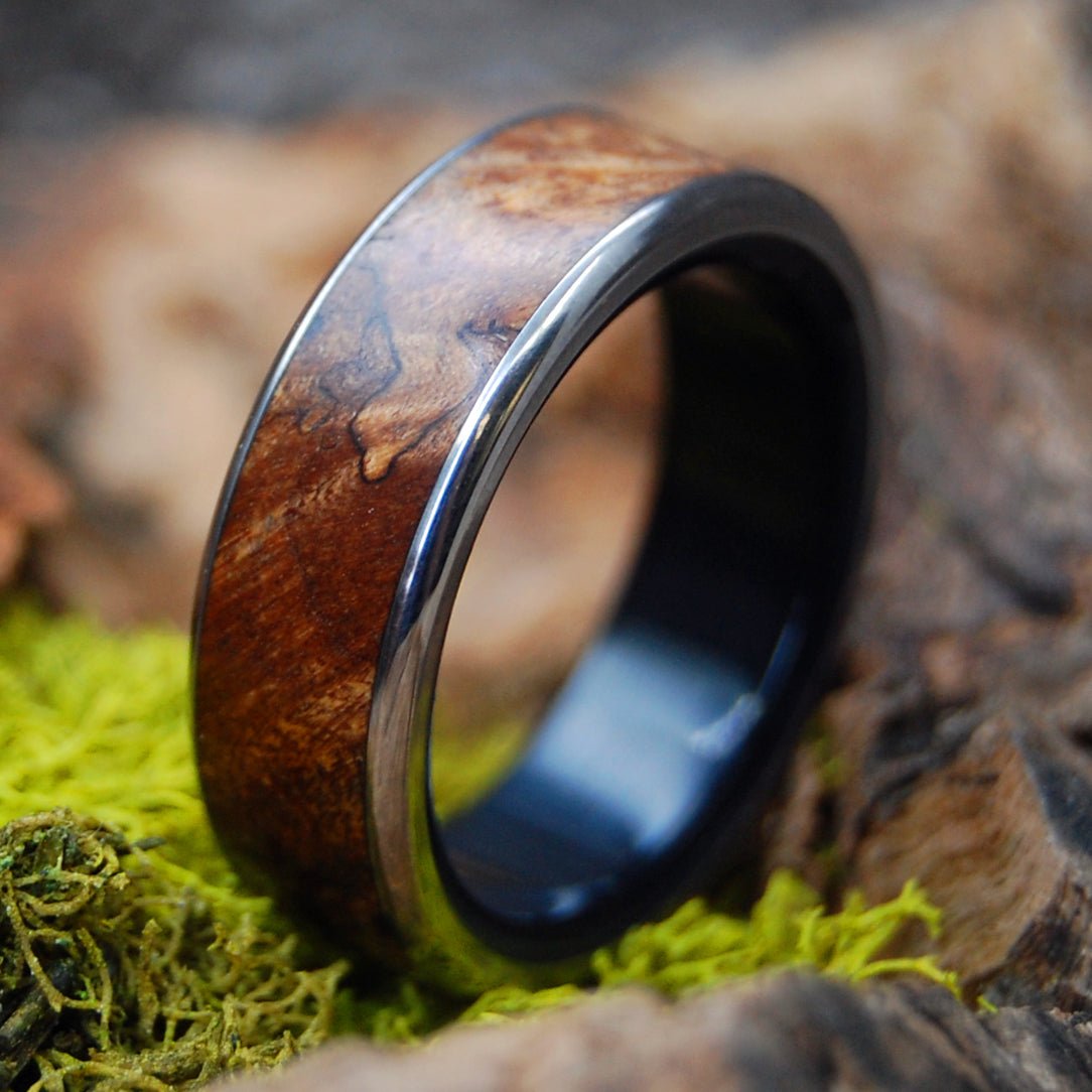 Freedom In Strength | Men's Black Onyx Stone, Spalted Maple Wood & Titanium Wedding Ring - Minter and Richter Designs