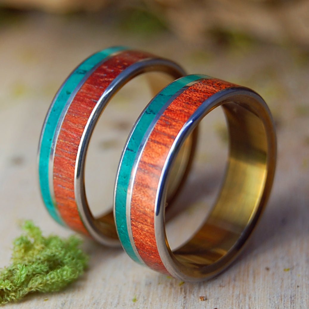 IMPERIAL BLOODWOOD BRONZE SET | Jade Stone, Bloodwood & Titanium - Unique Wedding Rings - Minter and Richter Designs
