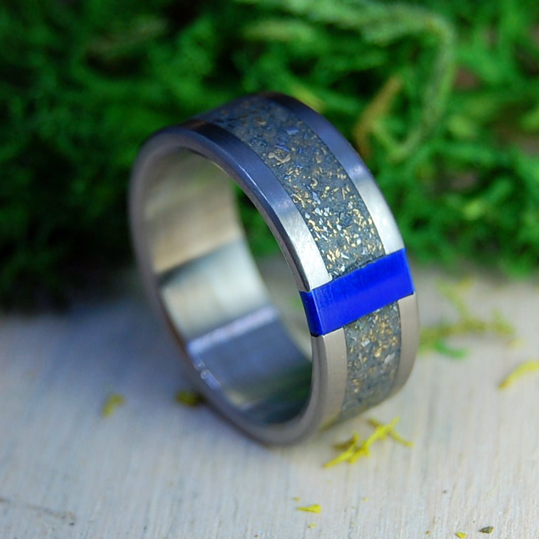 Space Blast | Men's Crushed Meteorite & Gold, Lapis Stone & Titanium Wedding Ring - Minter and Richter Designs