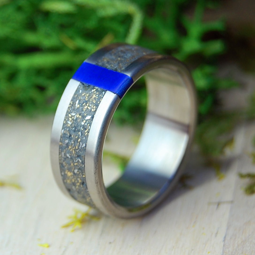 Space Blast | Men's Crushed Meteorite & Gold, Lapis Stone & Titanium Wedding Ring - Minter and Richter Designs