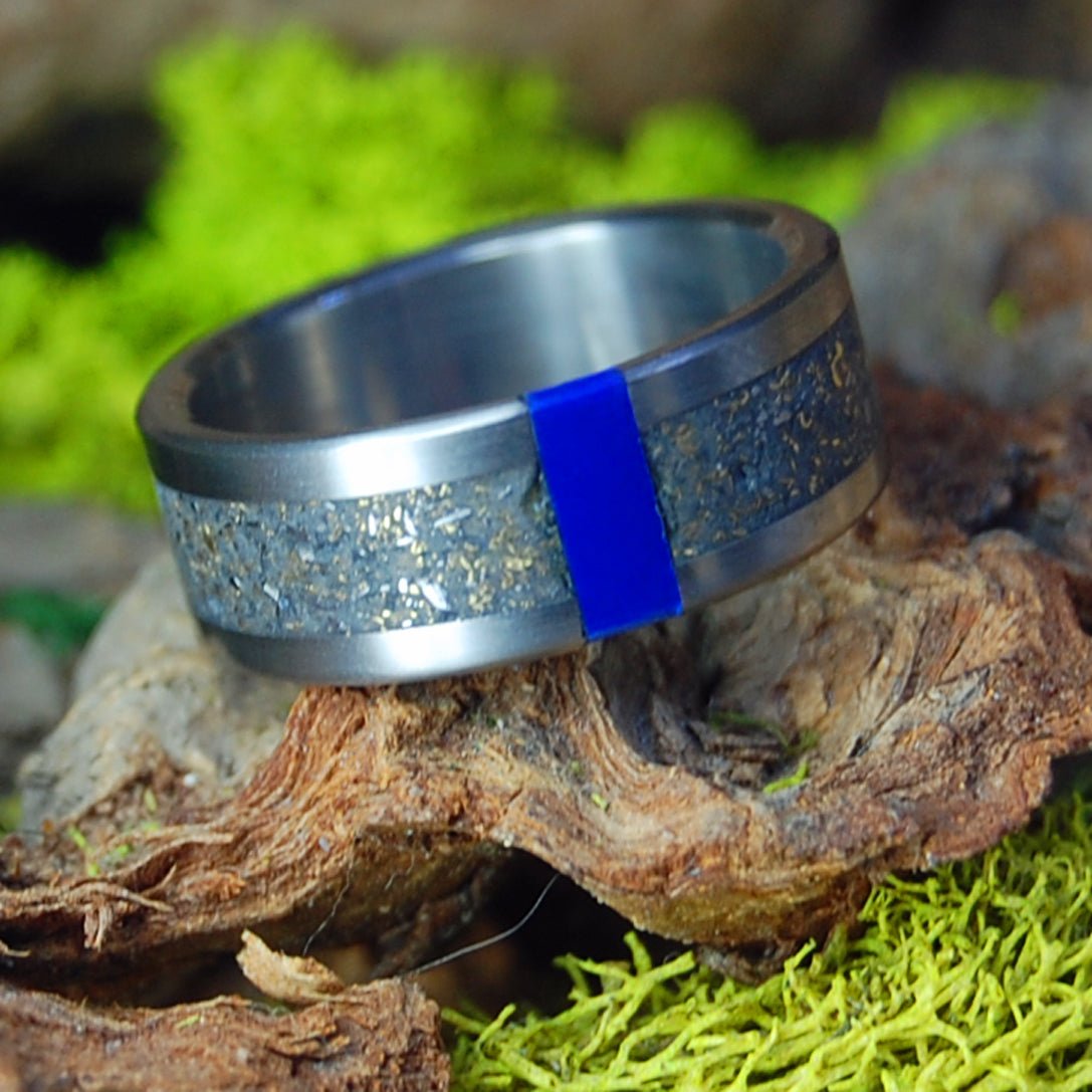 Space Blast | Men's Crushed Meteorite & Gold, Lapis Stone & Titanium Wedding Ring - Minter and Richter Designs