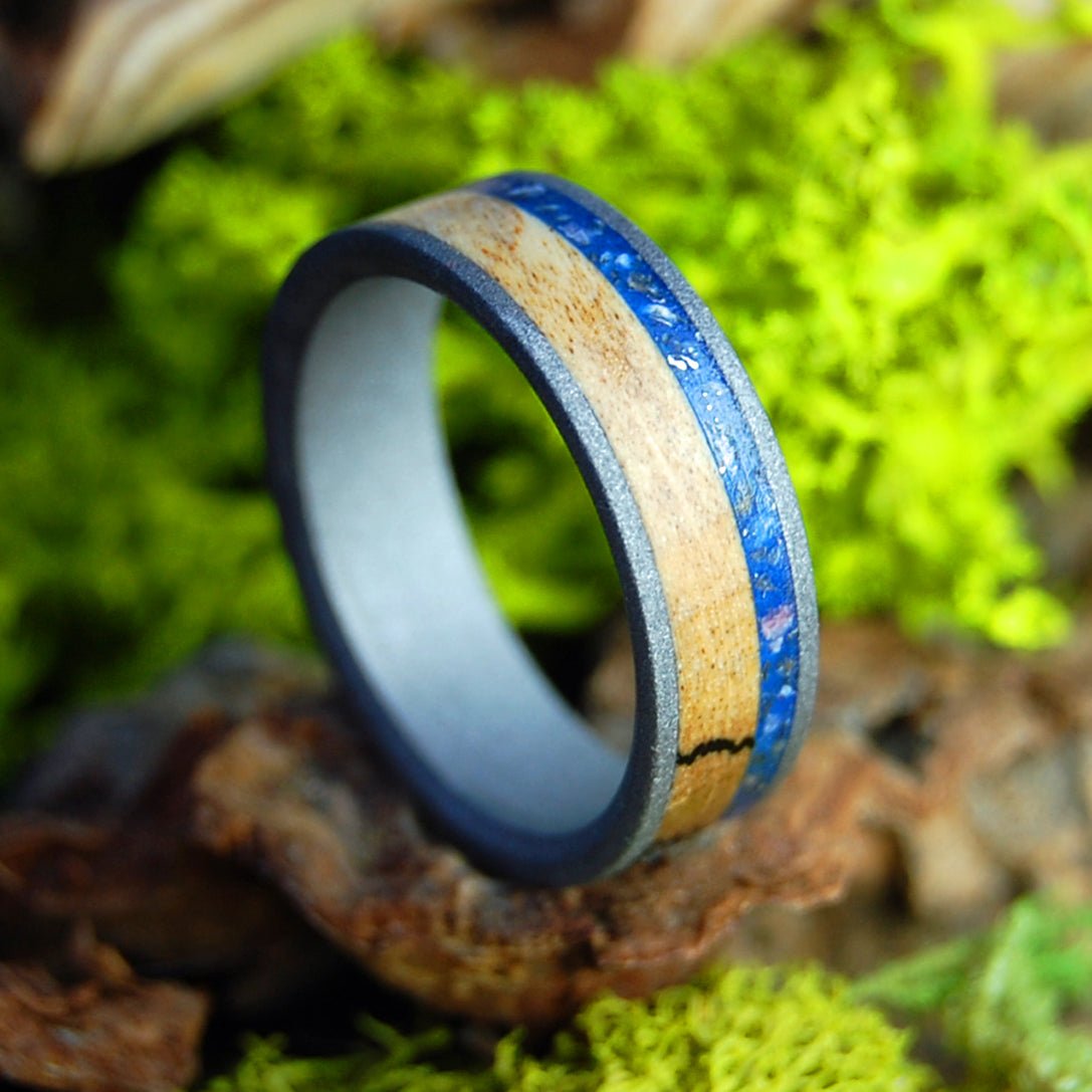 Spalted Dino Meteorite | Spalted Maple, Dinosaur Teeth & Crushed Meteorite - Unique Wedding Ring - Minter and Richter Designs